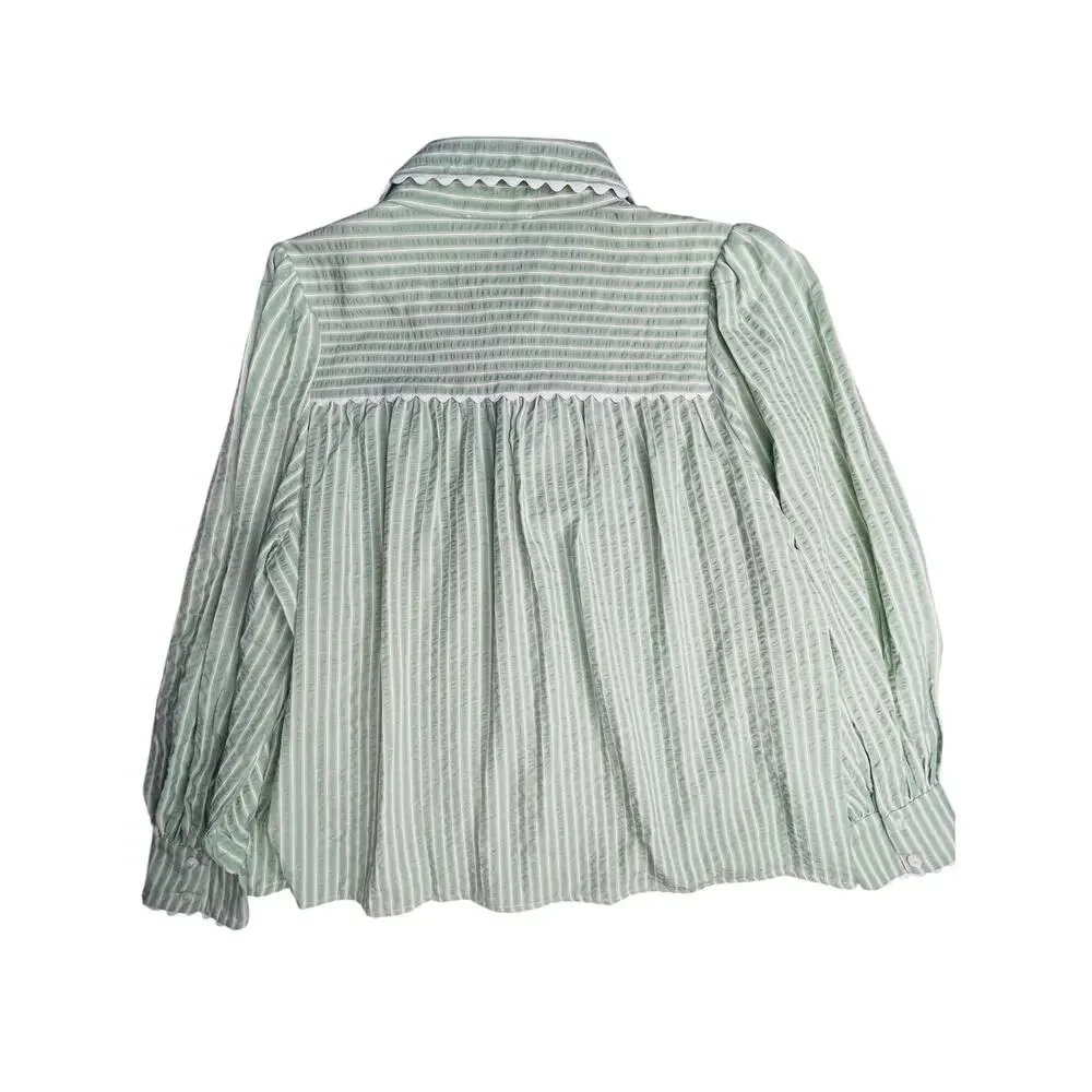 Entro sage green striped blouse L scalloped collar button front cotton blend - Picture 15 of 15